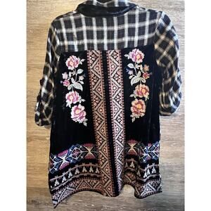 Boho Cottage Core Women Embroidered Shirt Top Andree Sz Small Black Velour Plaid